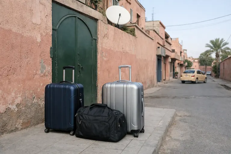 Illustration : valises posées devant la porte verte d'une maison de quartier à Marrakech