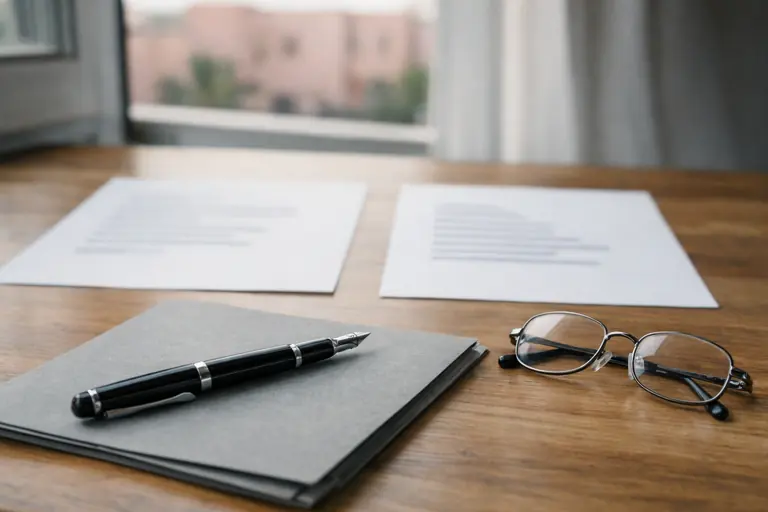 Illustration : deux feuilles côte à côte, stylo plume et lunettes sur un bureau en bois