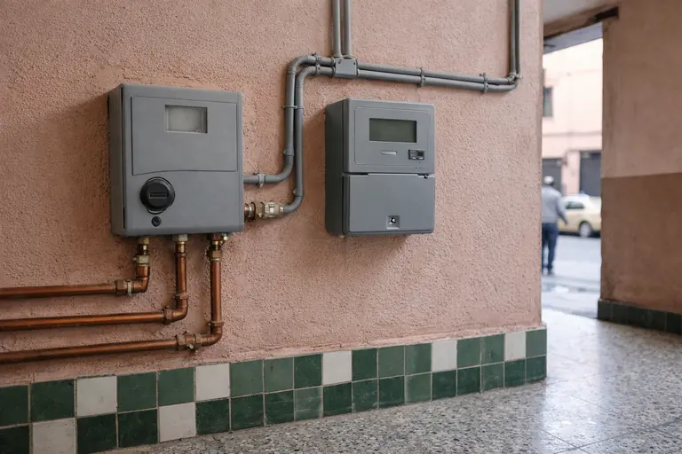 Illustration : compteurs d'eau et d'électricité dans l'entrée d'un immeuble