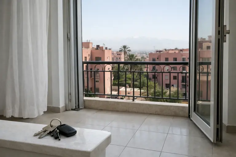 Illustration : séjour vide et lumineux ouvert sur un balcon, vue sur les immeubles et l'Atlas